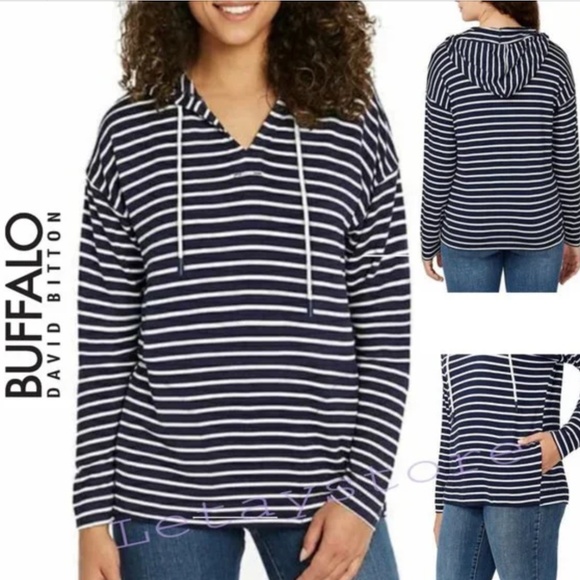 Buffalo David Bitton Tops - Navy + White stripe hoodie w/2 side pockets & drawstring hood